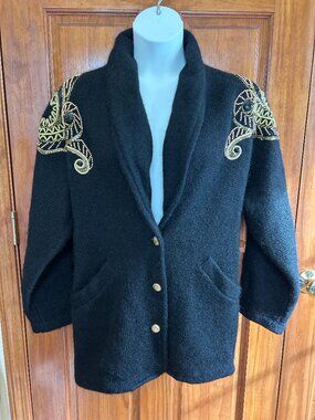90s I.B. Diffusion black gold beaded embellished oversized cardigan sweater